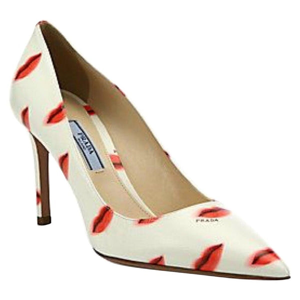 Prada Saffiano Leather Red Ivory Lip Point Toe Pumps Heels Shoes