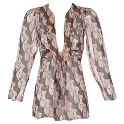 Prada "Naked Lady" Print Plunge Neck Silk Blouse Sex and The City, 2001