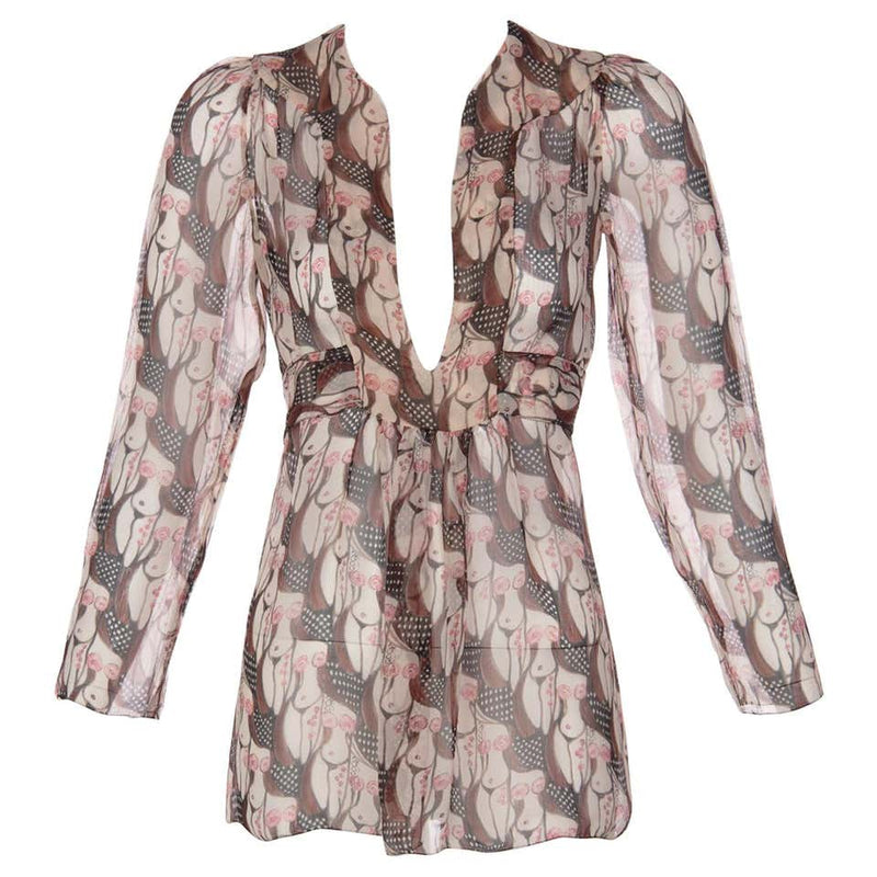 Prada "Naked Lady" Print Plunge Neck Silk Blouse Sex and The City, 2001