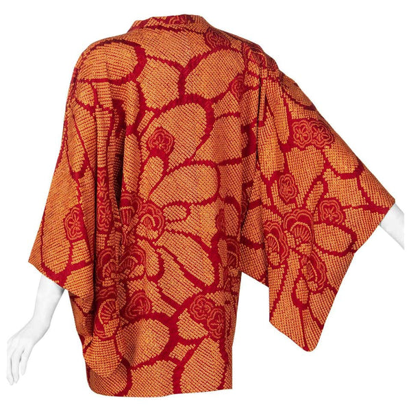 Vintage Silk Shibori Garnet Red Orange Floral Japanese Kimono Jacket Top