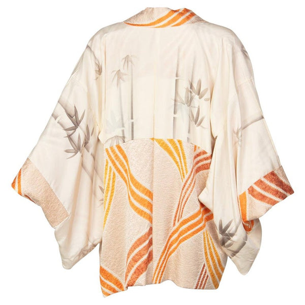 Vintage Silk Cream and Gold Shibori Bamboo Print Reversible Kimono Jacket