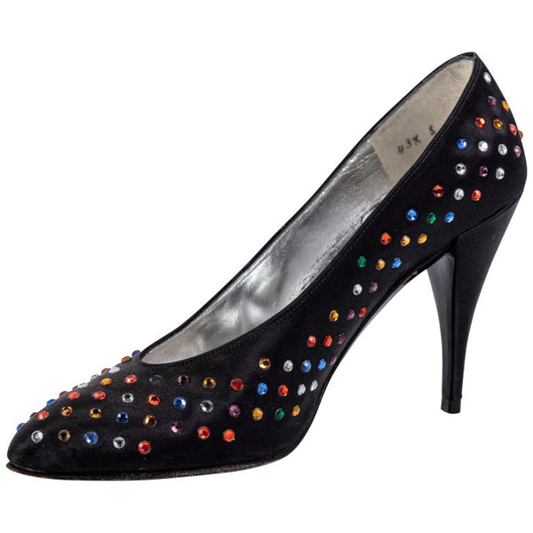 Vintage Charles Jourdan Black Silk Multicolored Jewel Pumps