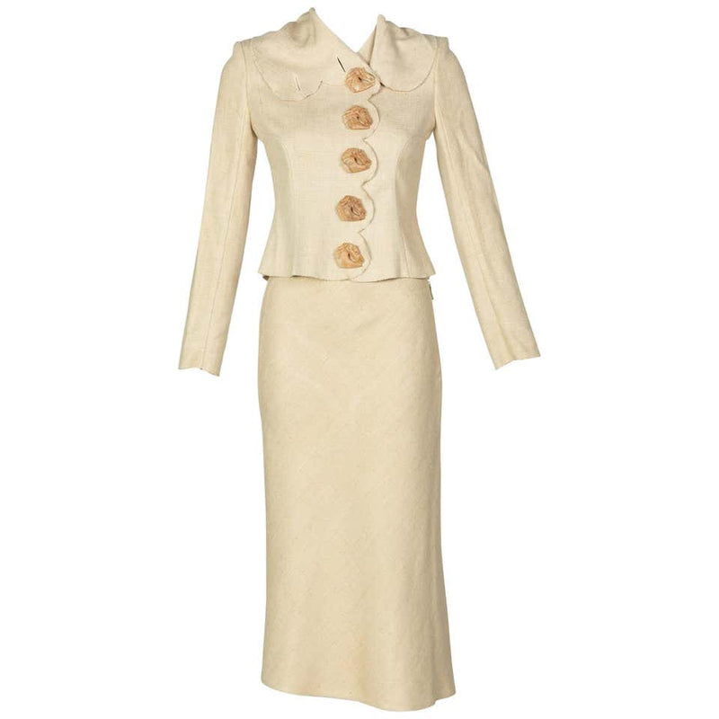 Chloé by Stella McCartney Beige Silk Wood Horse Button Skirt Suit, Runway 2001