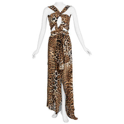 Yves Saint Laurent by Tom Ford Silk Leopard Cut Out Maxi Dress YSL, 2002