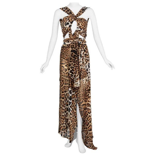 Yves Saint Laurent by Tom Ford Silk Leopard Cut Out Maxi Dress YSL, 2002
