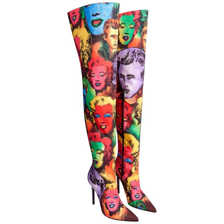Versace Pop Art Tribute Andy Warhol Print Silk Over The Knee Boots