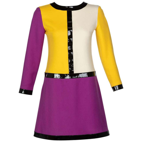 Courrèges Wool Color Block Patent Leather Mondrian Mini Dress, 1960s