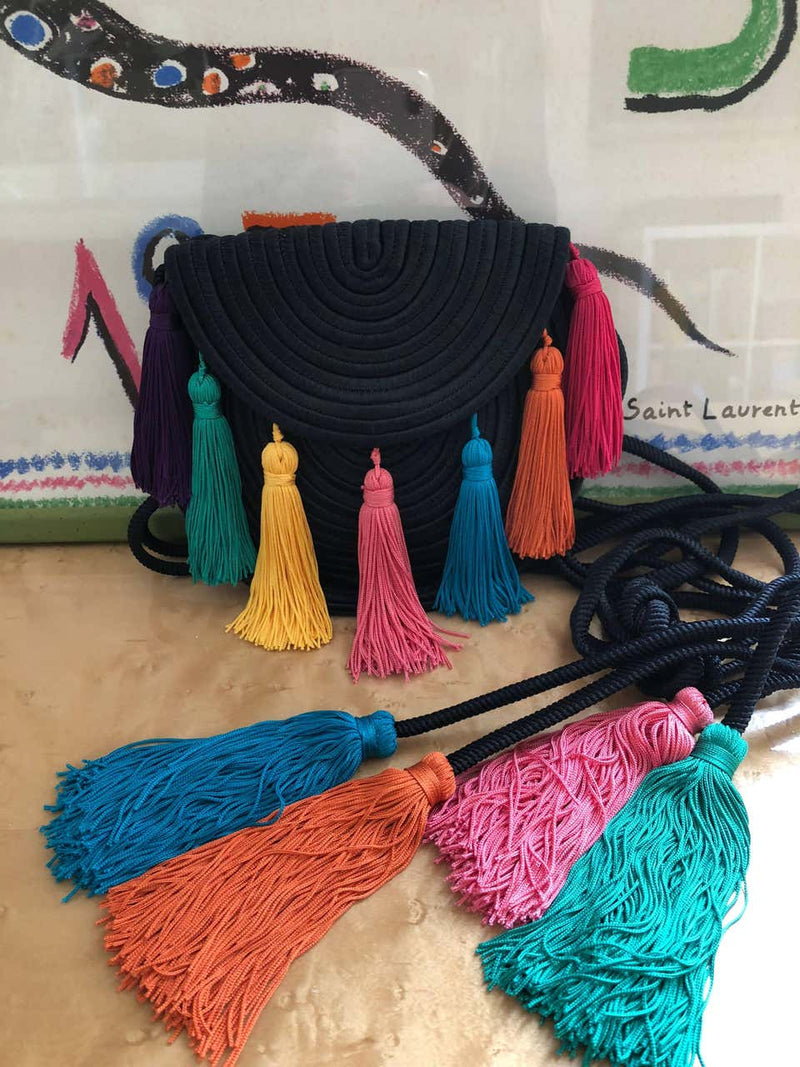 1990s Yves Saint Laurent Black Passementerie Tassel Shoulder Belt Bag YSL