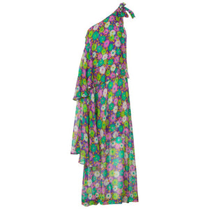 Yves Saint Laurent Multi-Color Floral One Shoulder Layered Silk Dress YSL, 1970s