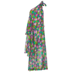 Yves Saint Laurent Multi-Color Floral One Shoulder Layered Silk Dress YSL, 1970s
