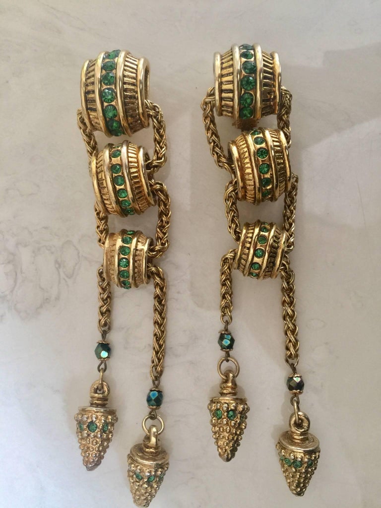 1980s Claire Dévé Gold Green Crystal Shoulder Duster Earrings