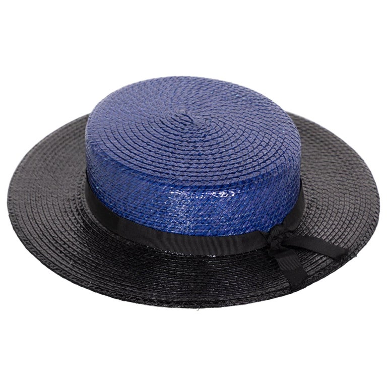 Yves Saint Laurent YSL Vintage Glossy Blue and Black Straw Hat, 1990s