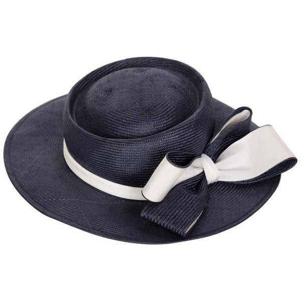 Oscar de la Renta Navy White Bow Straw Hat
