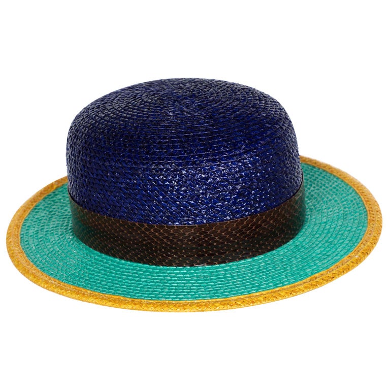 Yves Saint Laurent Glossy Color Block Snakeskin Trim Bowler Hat YSL, 1990s