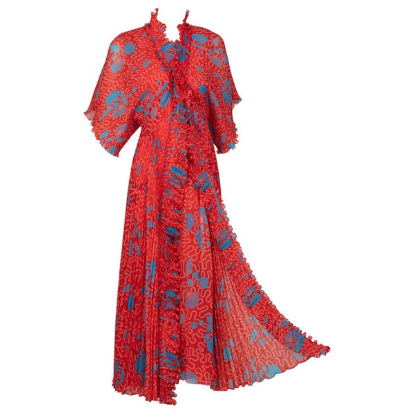 Zandra Rhodes Red Pleated Shell print Caftan and Sleeveless Dress Set, 1970s