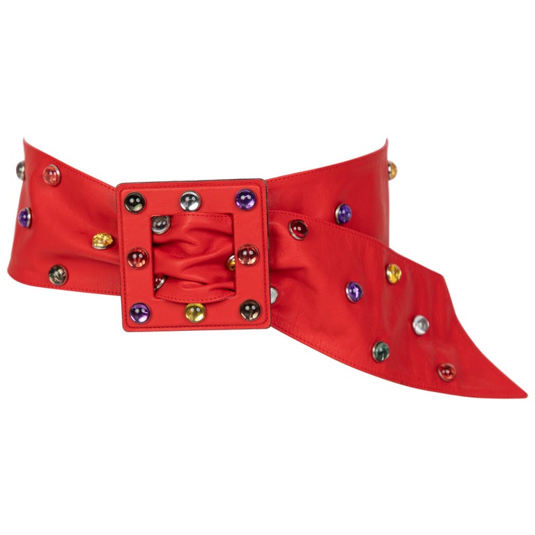 Saint Laurent Red Leather Jewel Belt YSL, 1980s