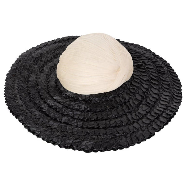 Galanos Couture Ivory Silk Black Raffia Hat