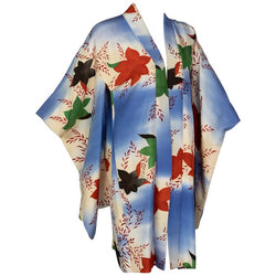Japanese Silk Watercolor Falling Leaves Kimono Jacket Dress, 1970s Japanese Silk Watercolor Falling Leaves Kimono Jacket Dress, 1970s