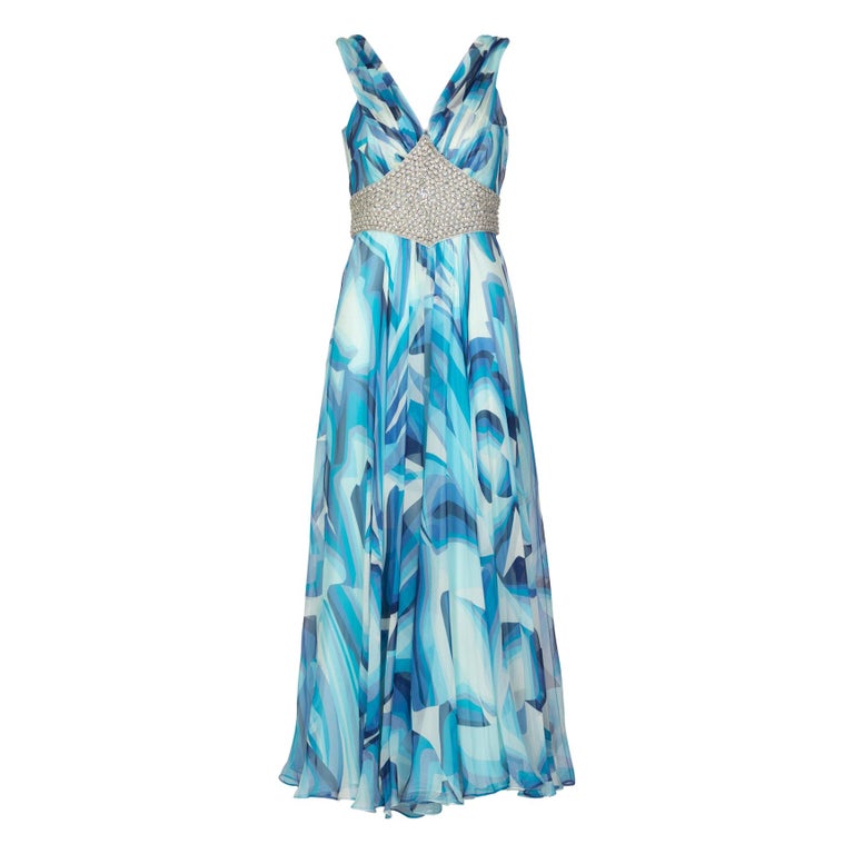 Missoni Blue Printed Plunge Neck Sleeveless Silk Crystal Gown, 2006