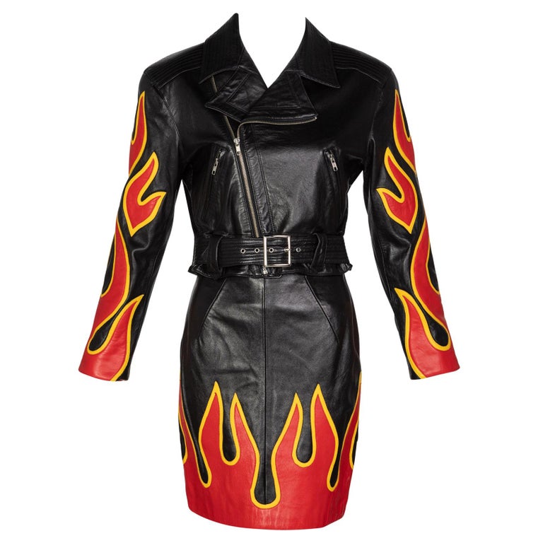 Michael Hoban North Beach Leather Black Red Flames Jacket Skirt Set, 1990s Michael Hoban North Beach Leather Black Red Flames Jacket Skirt Set, 1990s