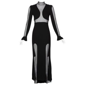 Vintage Karl Lagerfeld Black Mock Neck Sheer Panel Net Evening Dress, 1980s