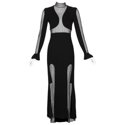 Vintage Karl Lagerfeld Black Mock Neck Sheer Panel Net Evening Dress, 1980s