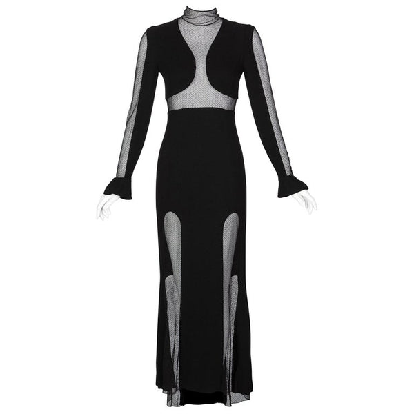 Vintage Karl Lagerfeld Black Mock Neck Sheer Panel Net Evening Dress, 1980s
