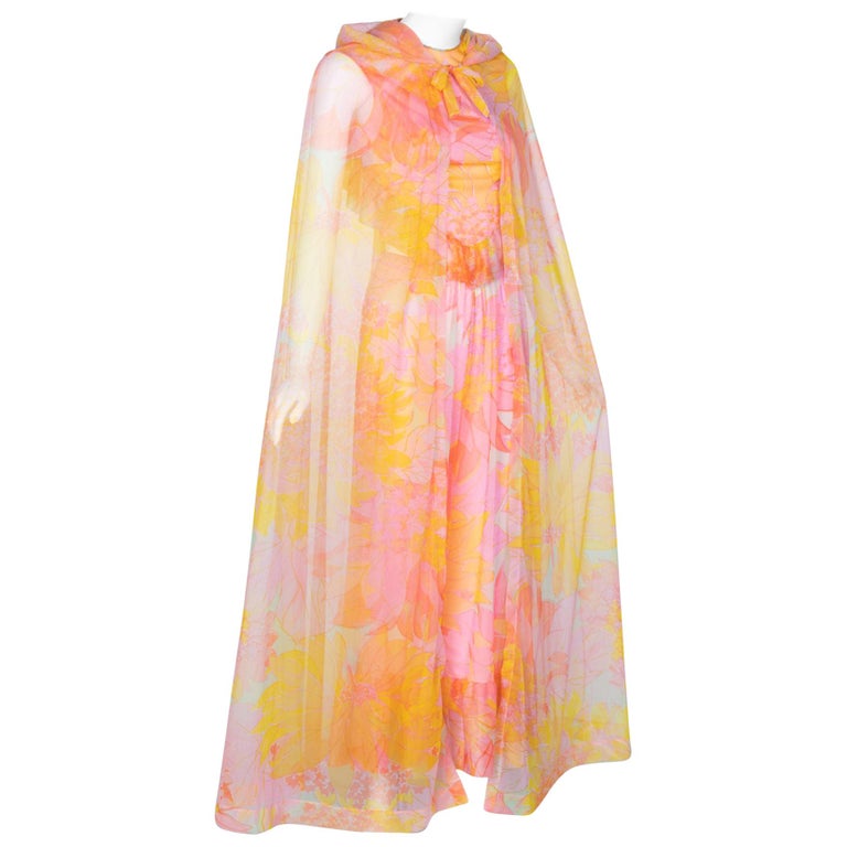 Pedro Rodriguez Floral Chiffon Beach Pajamas & Chiffon Cape, 1960s