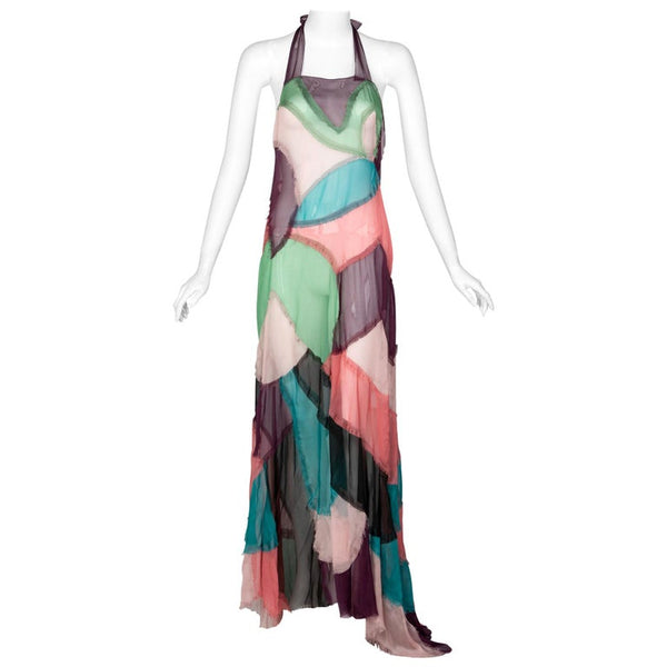 Alberta Ferretti Silk Chiffon Patchwork Open back Halter Gown, 2005