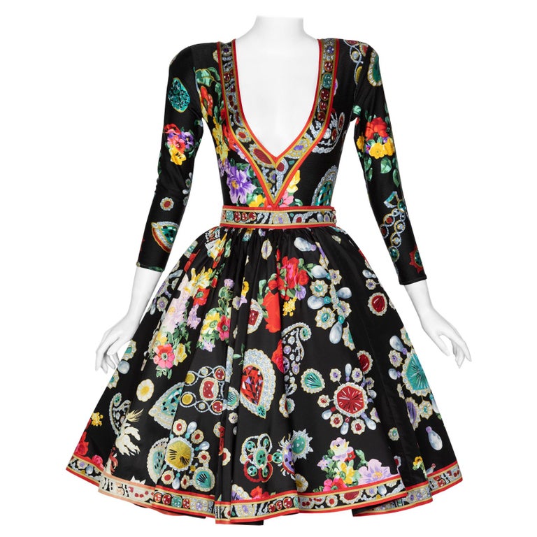 Vintage Leonard Paris Vibrant Jewel Print Silk Dress Ensemble