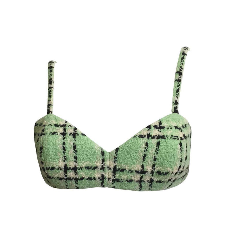 1994 Chanel S/S Runway Pastel Green Plaid Boucle Bralette Top w