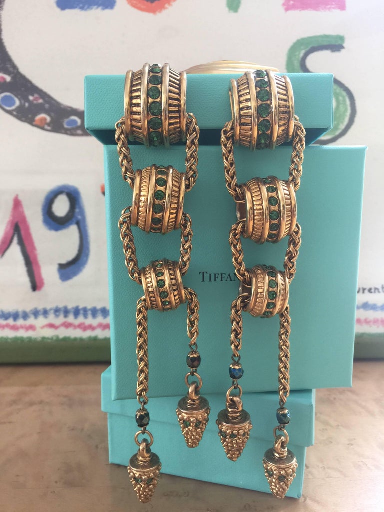1980s Claire Dévé Gold Green Crystal Shoulder Duster Earrings