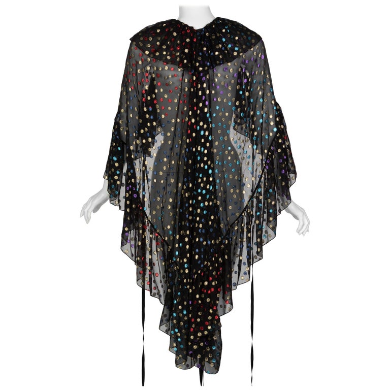 Saint Laurent Black Silk Metallic Dot Ruffle Cape Blouse Top Runway 2018