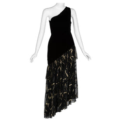 Documented Saint Laurent YSL One Shoulder Black Velvet Metallic Layered Dress, 1980s