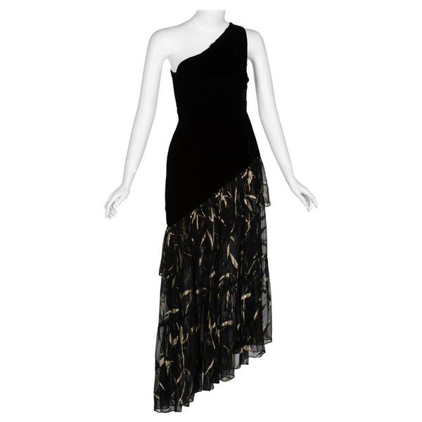 Documented Saint Laurent YSL One Shoulder Black Velvet Metallic Layered Dress, 1980s