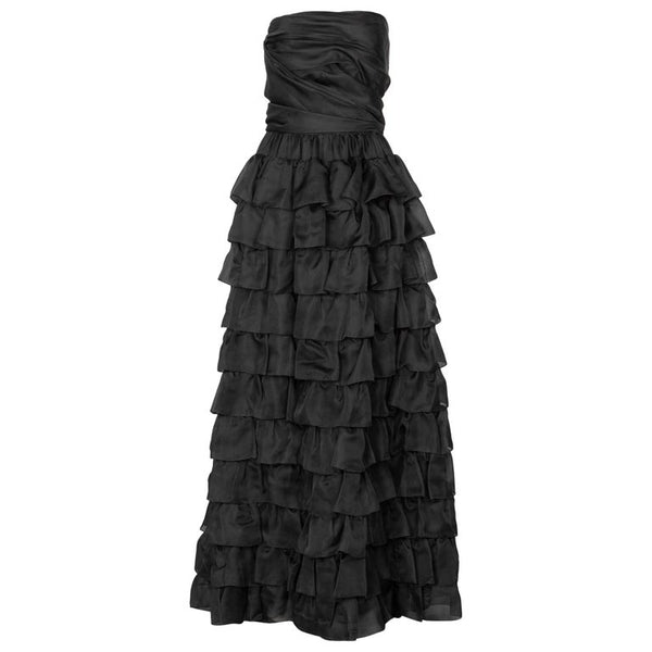 Vintage Givenchy Numbered Haute Couture Black Strapless Ruffled Gown, 1970s