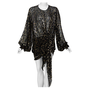 Saint Laurent Sheer Black Silk Gold Lurex Dot Cut Out Back Tunic Mini Dress