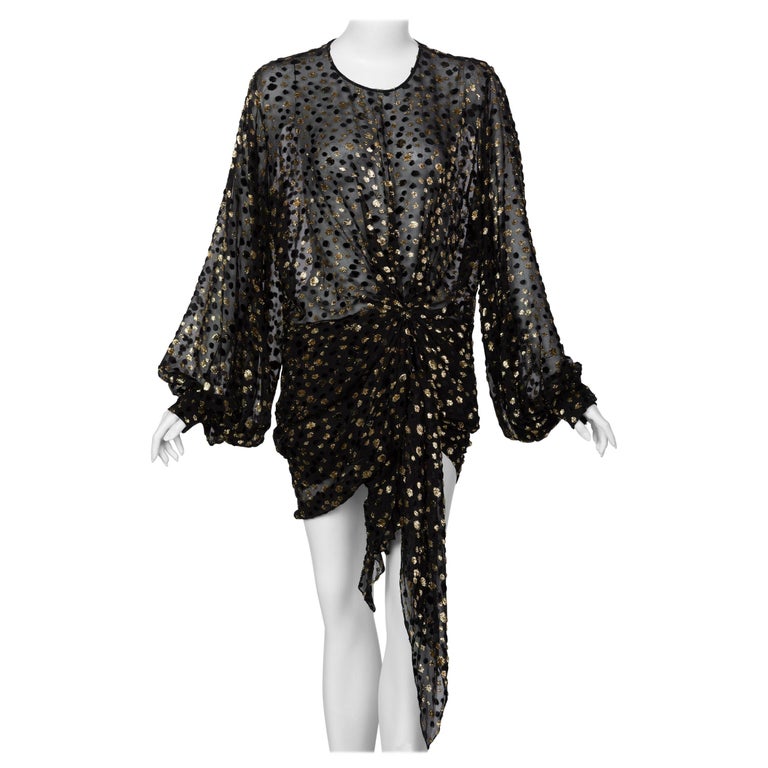 Saint Laurent Sheer Black Silk Gold Lurex Dot Cut Out Back Tunic Mini Dress