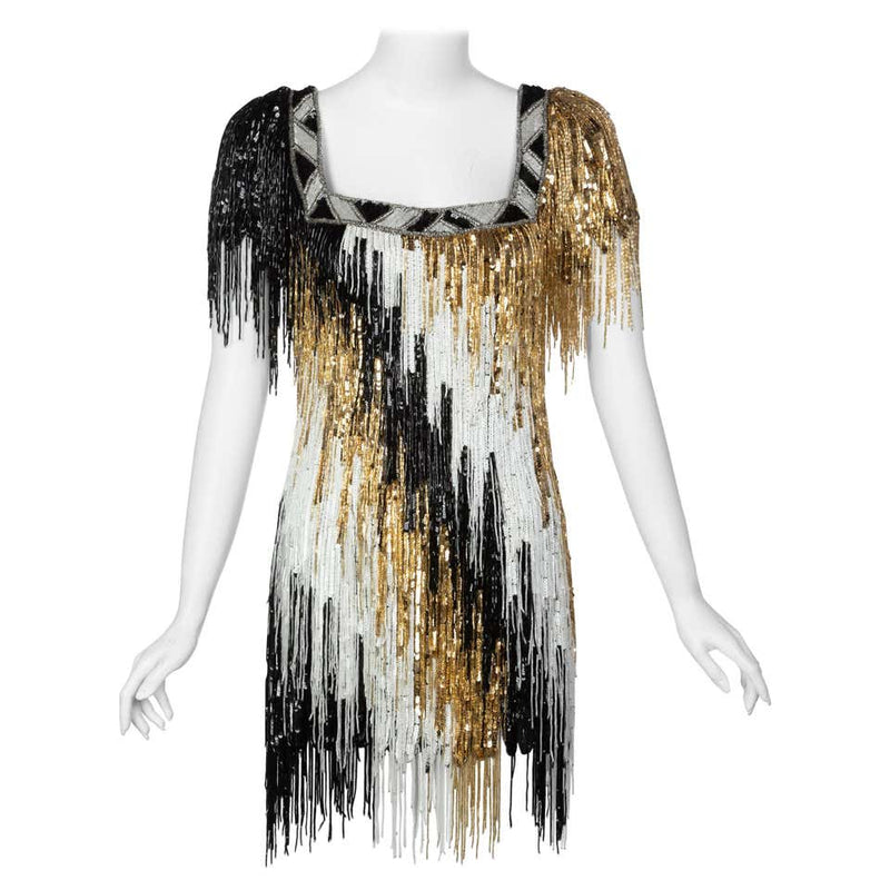 Incredible Vintage Bob Mackie Gold Black White Beaded Fringe Mini Dres Basha Gold Incredible Vintage Bob Mackie Gold Black White Beaded Fringe Mini Dres Basha Gold