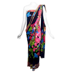1970s Leonard Paris Strapless Floral Silk Jersey Tube Dress With Attached Shawl