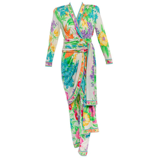 Leonard Paris Silk Jersey Mikado Floral Dress And Pants Set, Vintage