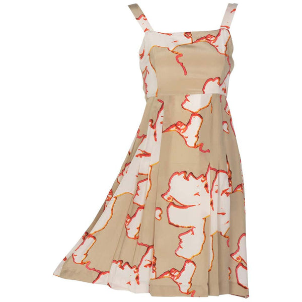 Chanel Taupe Silk Sleeveless Faces Print Dress Collectors Spring 2000