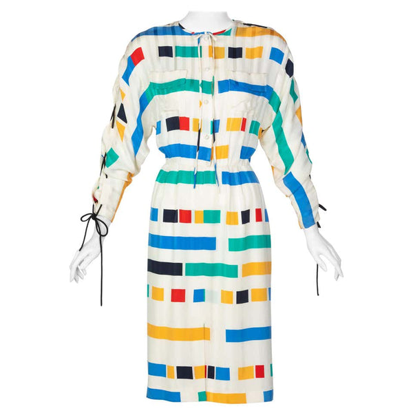 Ted Lapidus Ivory Color Block Silk Safari Dress, 1980s