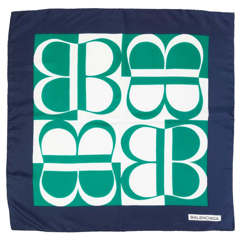 Balenciaga Silk Blue Green Logo Print Scarf, 1990s