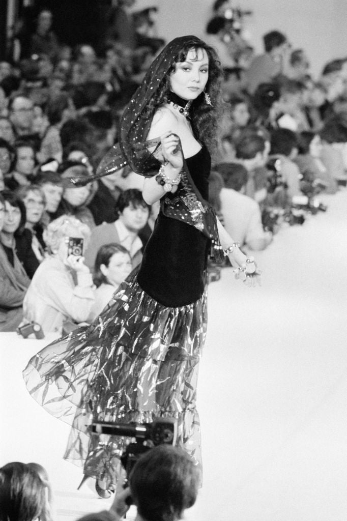 Documented Saint Laurent YSL One Shoulder Black Velvet Metallic Layered Dress, 1980s