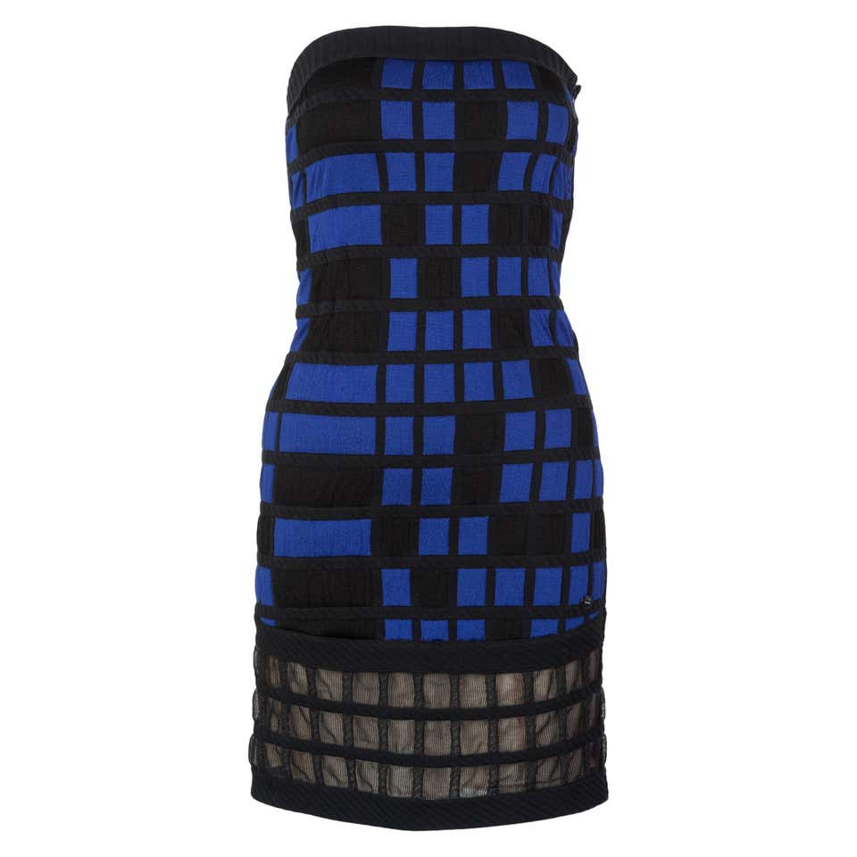 blue plaid strapless dress Blue Plaid Textured Halter Dress – Gabi Swimwear main image 0