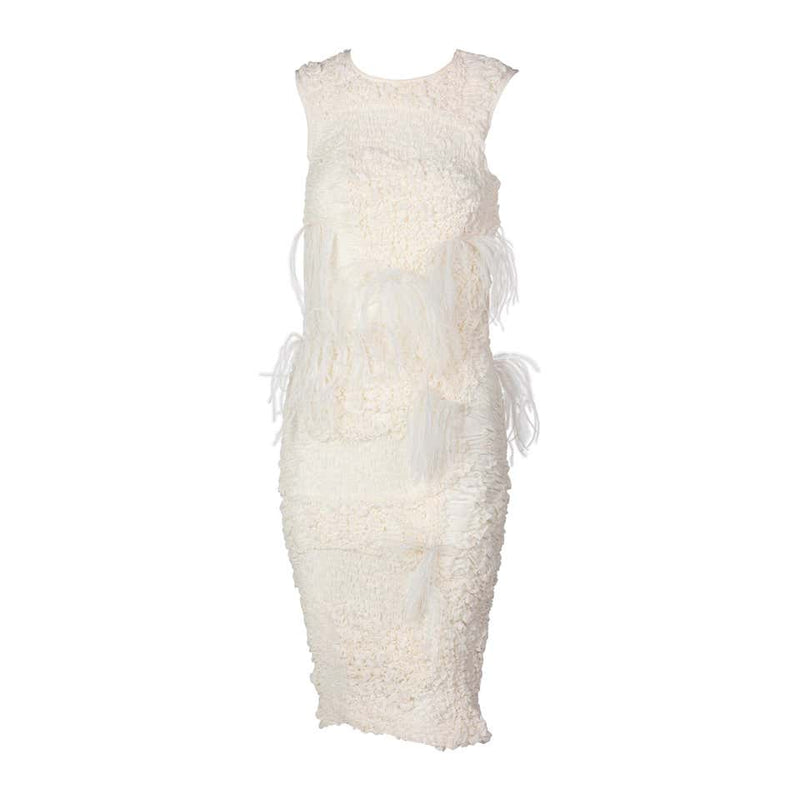 Nina Ricci Ivory Silk Feather Embellished Dress, Spring 2016 Basha Gold Nina Ricci Ivory Silk Feather Embellished Dress, Spring 2016 Basha Gold