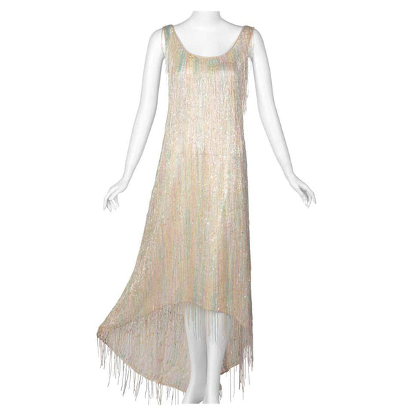 Halston Couture Pastel Rainbow Hand Beaded - Sequin Silk Dress Gown, 1970s