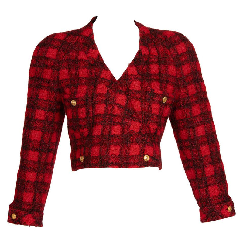 Stand Collar Double Breasted Elegant Plaid Tweed Crop Jacket