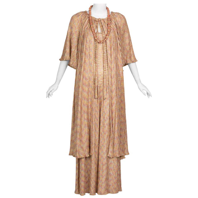 Missoni Pink Gold Knit Maxi Dress Cardigan Necklace Beret Set, 1970s Basha Gold Missoni Pink Gold Knit Maxi Dress Cardigan Necklace Beret Set, 1970s Basha Gold